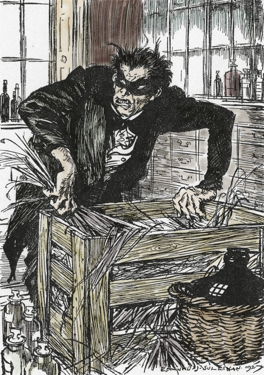 Tohtori jekyll etsii epätoivoisesti jauhoja, joiden avulla hän voisi hävetä herra Hyden hahmoaan, kuvitus Edmund Joseph Sullivanin (1869-1933) romaanille L