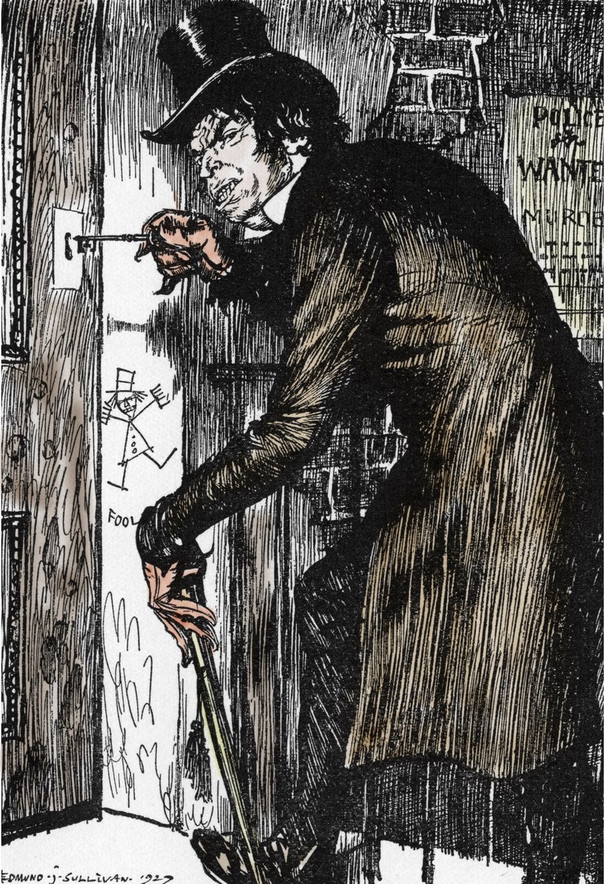 Herra Hyde palaa kotiin yön seikkailujen jälkeen ottaakseen vastalääkettä ja jatkaakseen tohtori Jekyllin esiintymistä, Edmund Joseph Sullivanin kuvitus (1869-1933) Robert Louisin romaaniin L