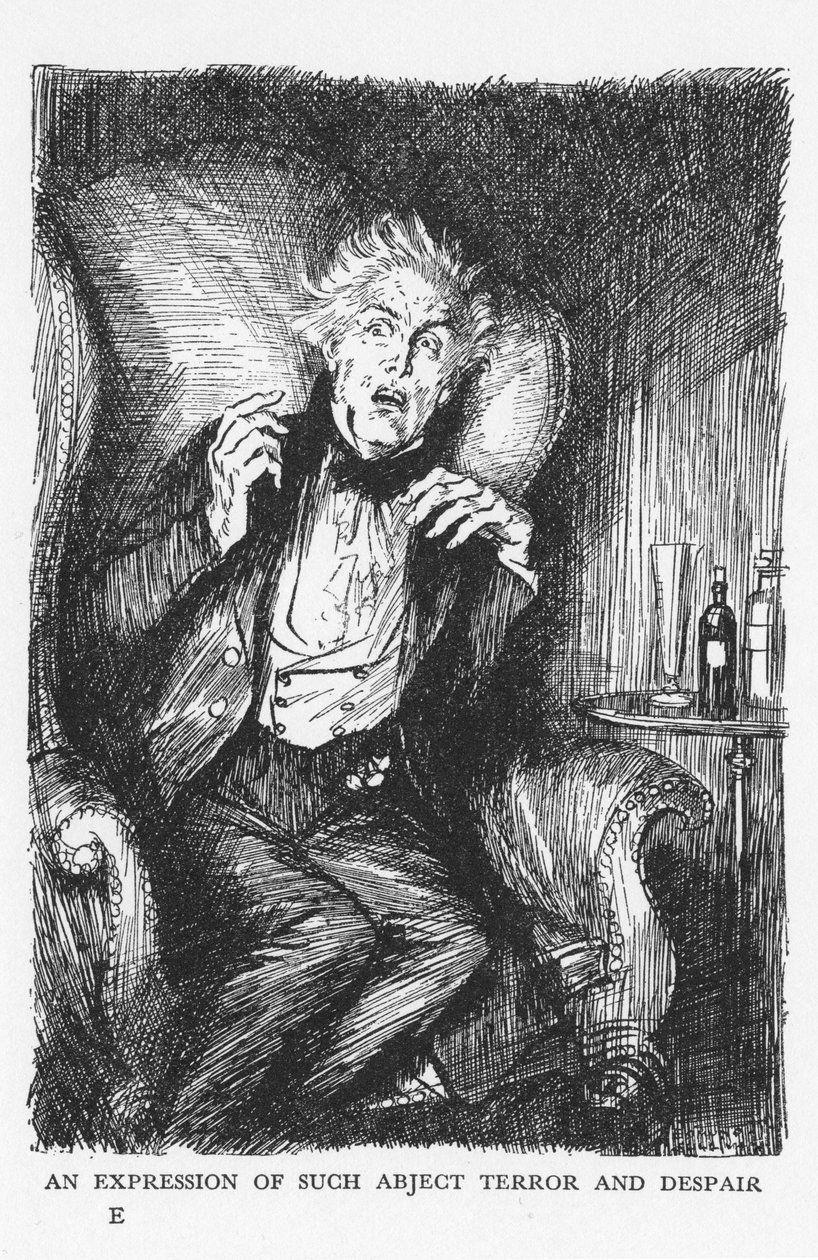 Kohtaus Robert Louis Stevensonin tohtori Jekyllin ja herra Hyden oudosta tapauksesta, 1927 tekijältä Edmund Joseph Sullivan