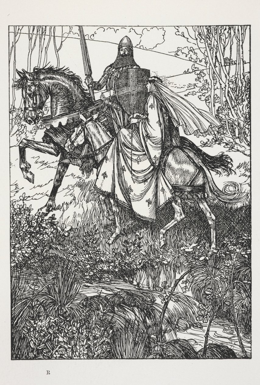 Sir Launcelot ja kuningatar Guinevere, kuvitus Alfred, Lord Tennysonin teoksesta Unelma reiluista naisista... tekijältä Edmund Joseph Sullivan