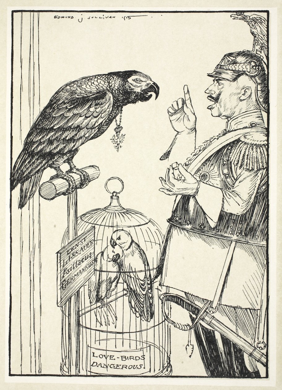 Vihan hymni (vähän sokeria linnulle), kuvitus Edmund J. Sullivanin Keisarin seppeleestä, pub. 1916 tekijältä Edmund Joseph Sullivan