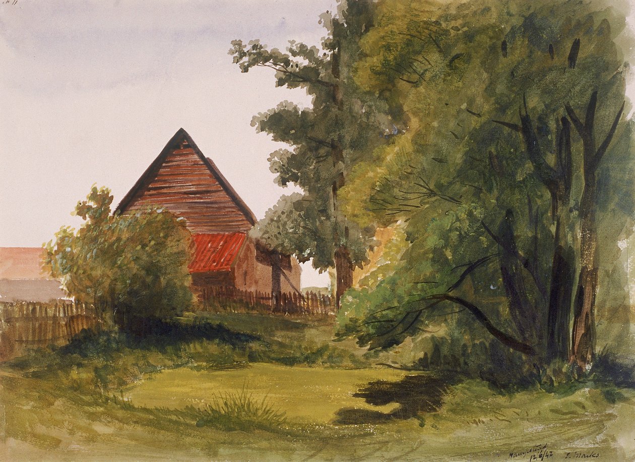 Näkymä Hampsteadiin ja navetta vasemmalla, Hampstead, Camden, Lontoo, 1842 tekijältä Edmund Marks