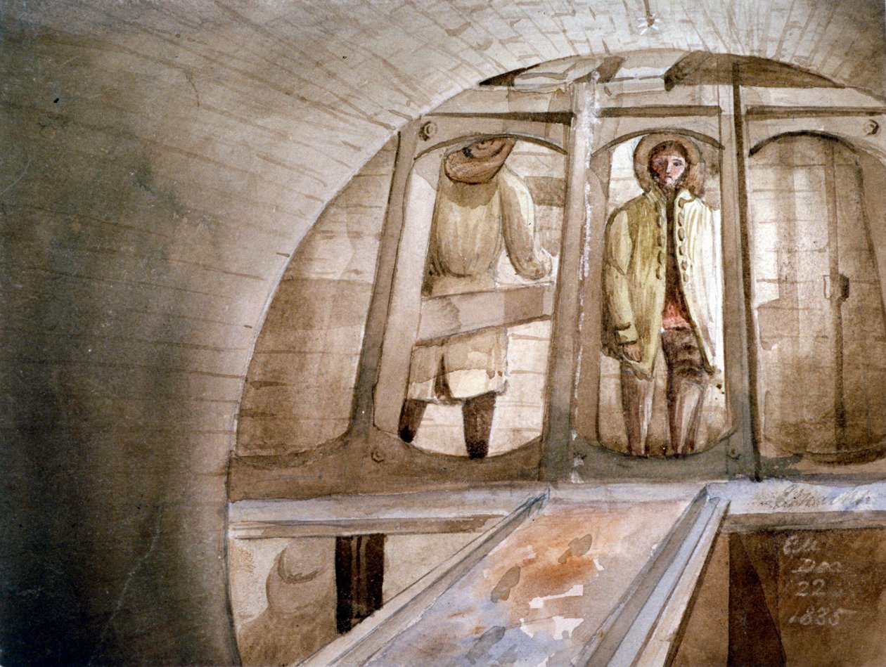 Näkymä kilpestä, jota käytettiin Thames-tunnelin rakentamisessa Lontoossa, 1835 tekijältä Edmund Marks