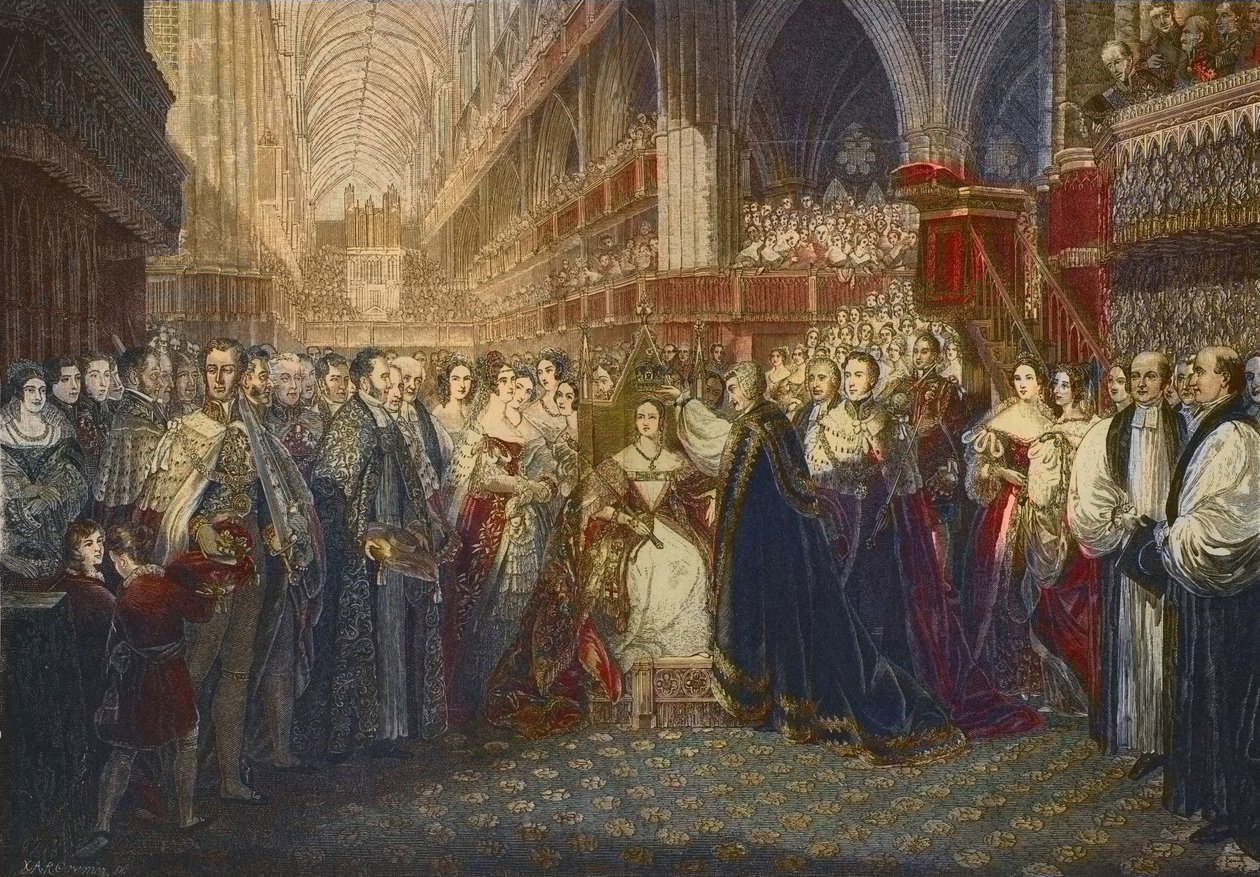Kuningatar Victorian kruunaus Westminster Abbeyssa Lontoossa 28. kesäkuuta 1838 - Ison-Britannian ja Irlannin kuningattaren (1819-1901) kuningatar Victorian kruunaus Westminster Abbeyssa tekijältä Edmund Thomas (after) Parris