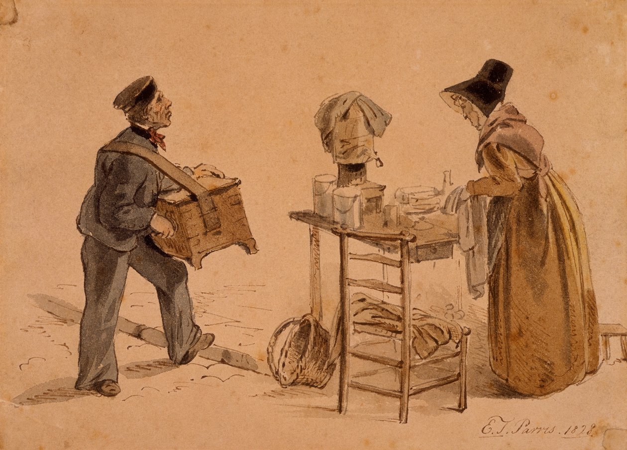 Mies, jolla on urut ja kahvinmyyjä, 1828 tekijältä Edmund Thomas Parris