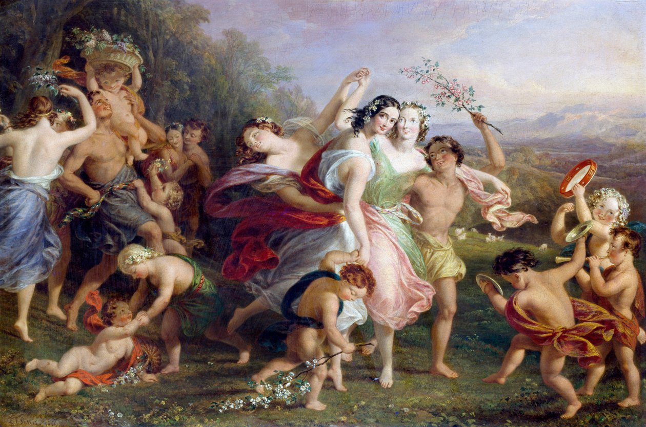 "Matinee de mai" Tanssi ja metsähahmojen kierros, lapset kukkaseppeleissä. Edmund Thomas Parrisin (1793-1873) maalaus 1859. tekijältä Edmund Thomas Parris