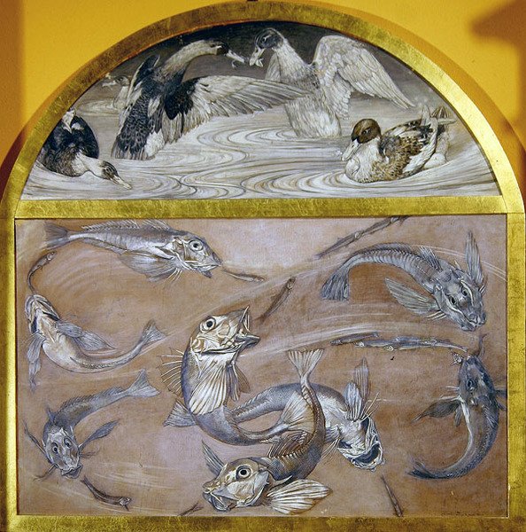 Diptyykki: Kala ja ankat lammessa (tempera kortille). tekijältä Edoardo Gioja