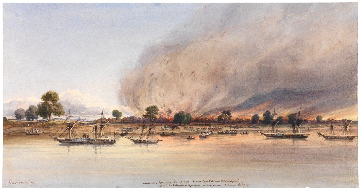 Cascasin kaupungin tuhoutuminen Senegalissa, 1843 tekijältä Edouard Auguste Nousveaux