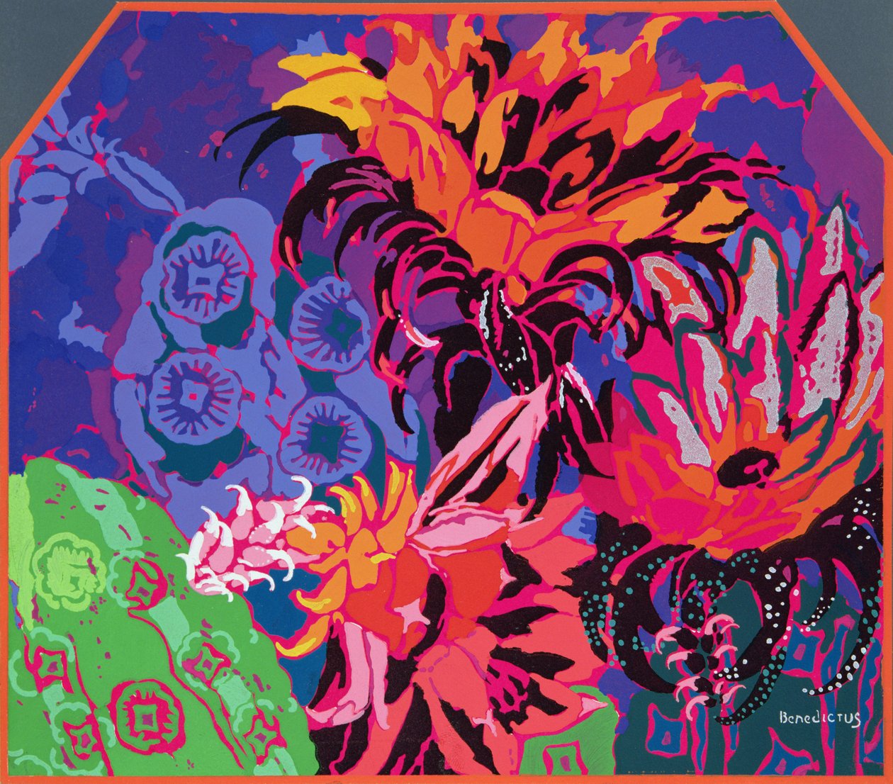 Floral Design, kuvitus Jean Saude, pub "Treatise on Illuminating of Stencils" -julkaisusta. 1925 tekijältä Edouard Benedictus