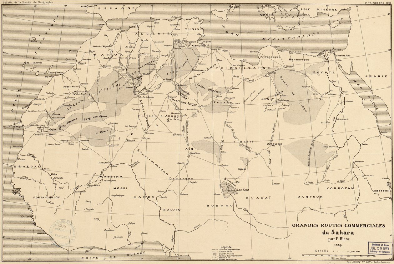 1889 kartta ranskalaisen tutkimusmatkailijan Edouard Blancin Saharan eteläpuolisista kauppareiteistä tekijältä Edouard Blanc