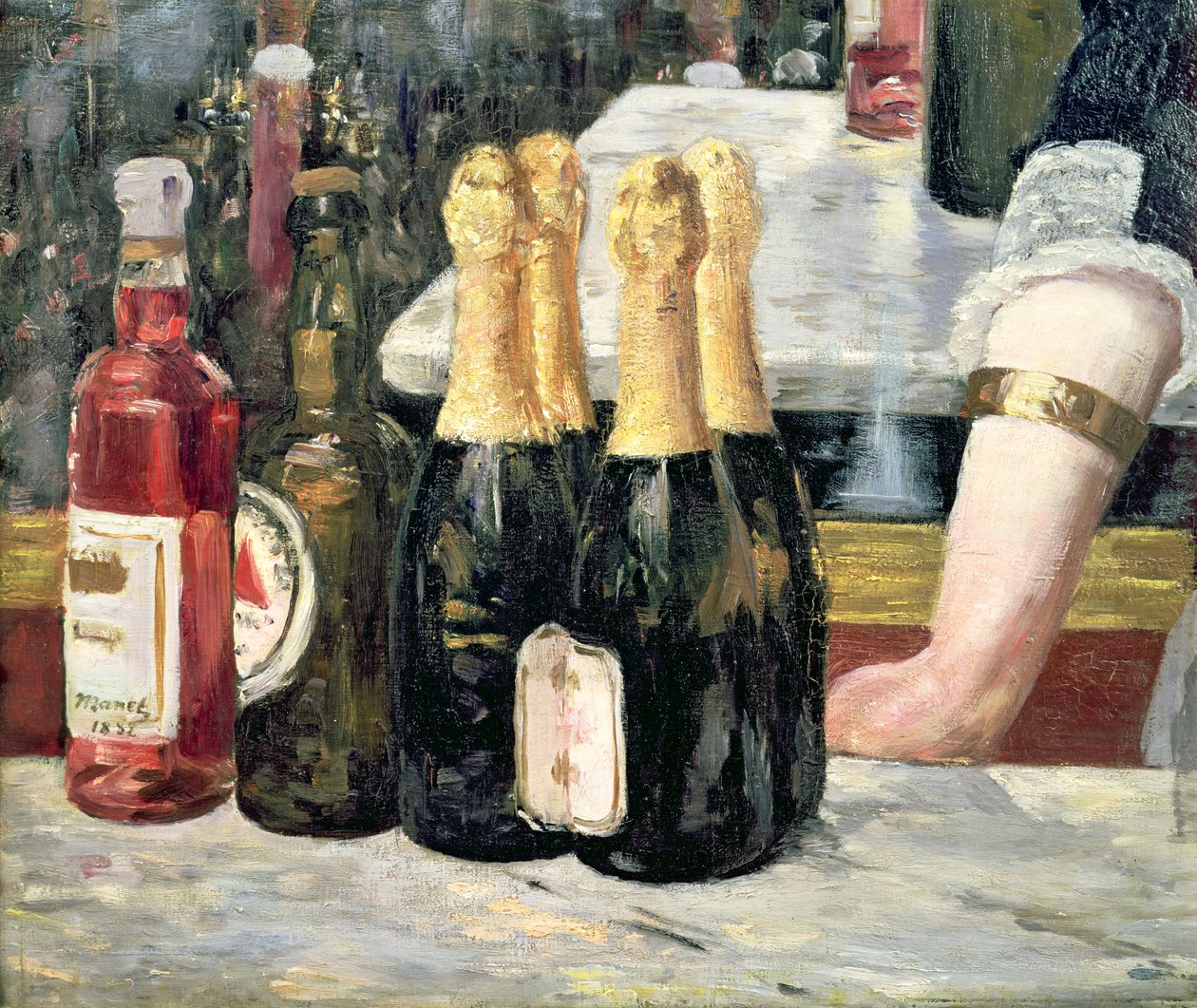 Baari Folies-Bergere -ravintolassa, yksityiskohta vasemmalla puolella olevista pulloista, 1881-82. tekijältä Édouard Manet