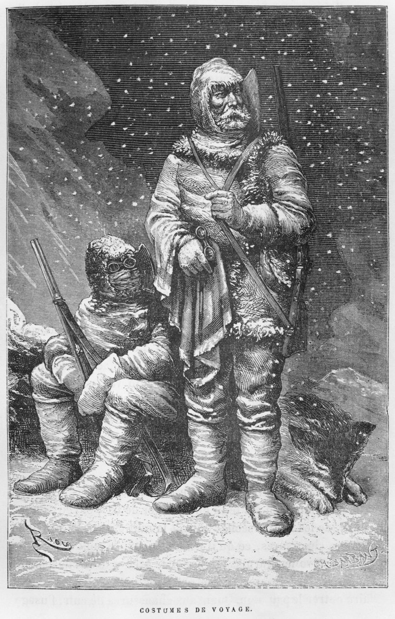 Tutkimusasut, kuvitus Julius Prayerin (1841-1915) Expedition du Tegetthoffista, kaiverrettu Charles Barbant (k.1922) tekijältä Edouard Riou