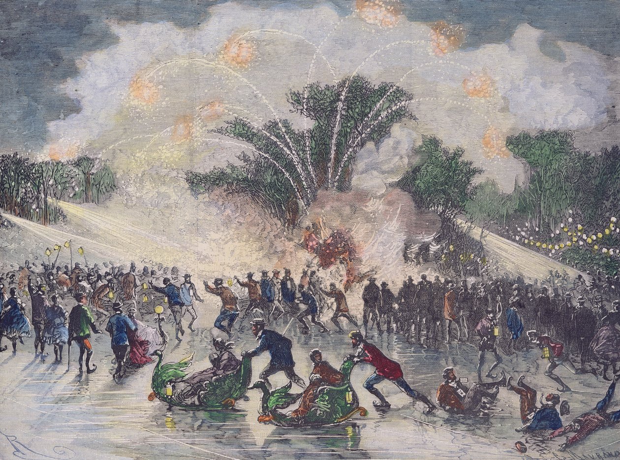 Luistelujuhlat Bois de Boulognessa, Pariisissa, kaiverrus Charles Maurand tekijältä Edouard Riou