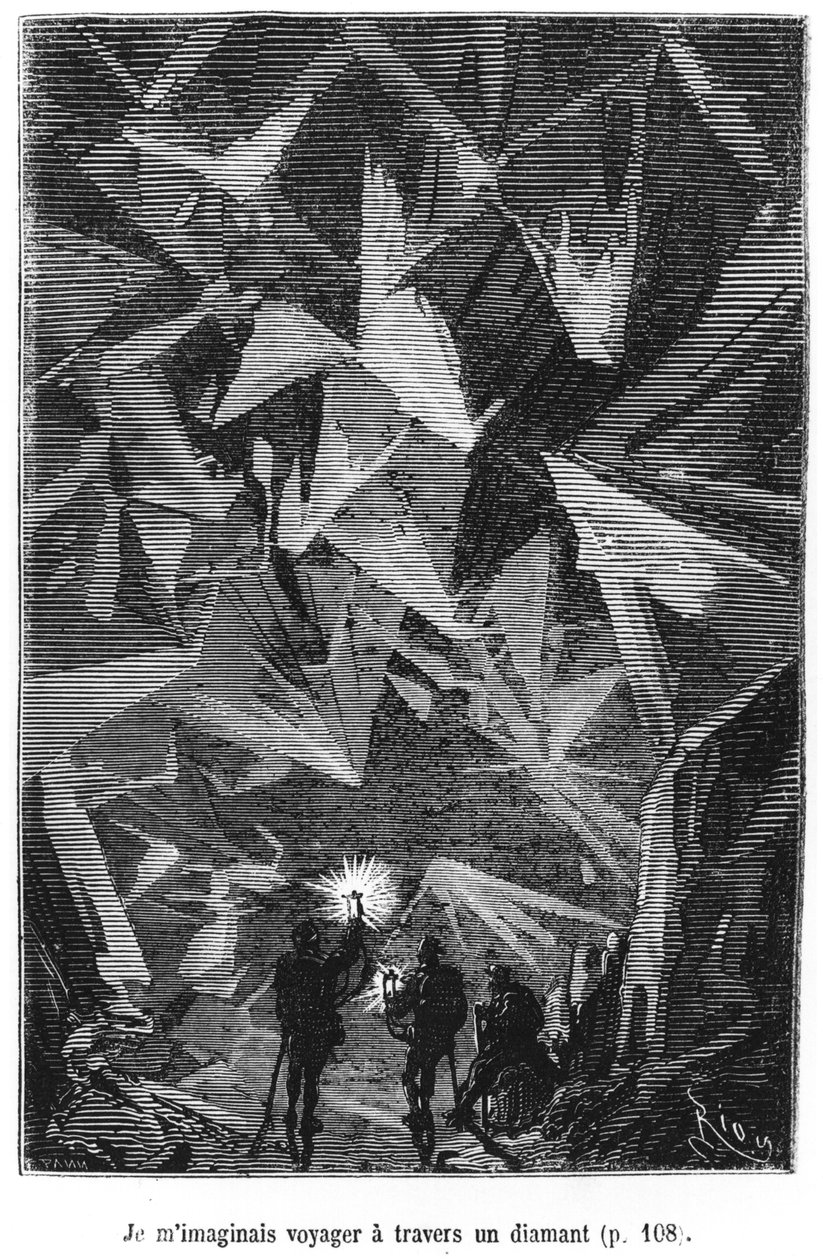 Kuvitus Jules Vernen (1828-1905) teoksesta "Voyage au centre de la terre", kaiverrettu Pannemakerin toimesta, julkaissut J.Hetzel. tekijältä Edouard Riou