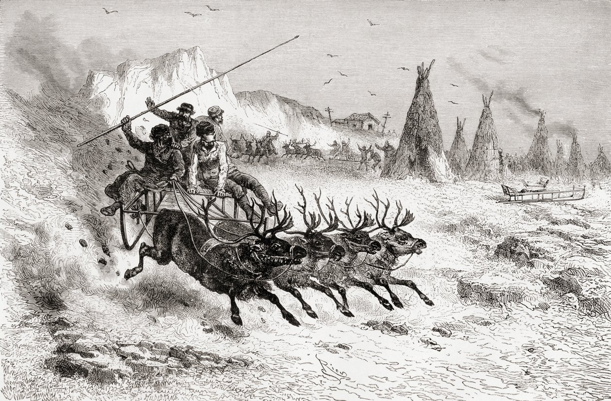 Samojedit Caborovasta poron vetämässä reessä, 1878 tekijältä Edouard Riou