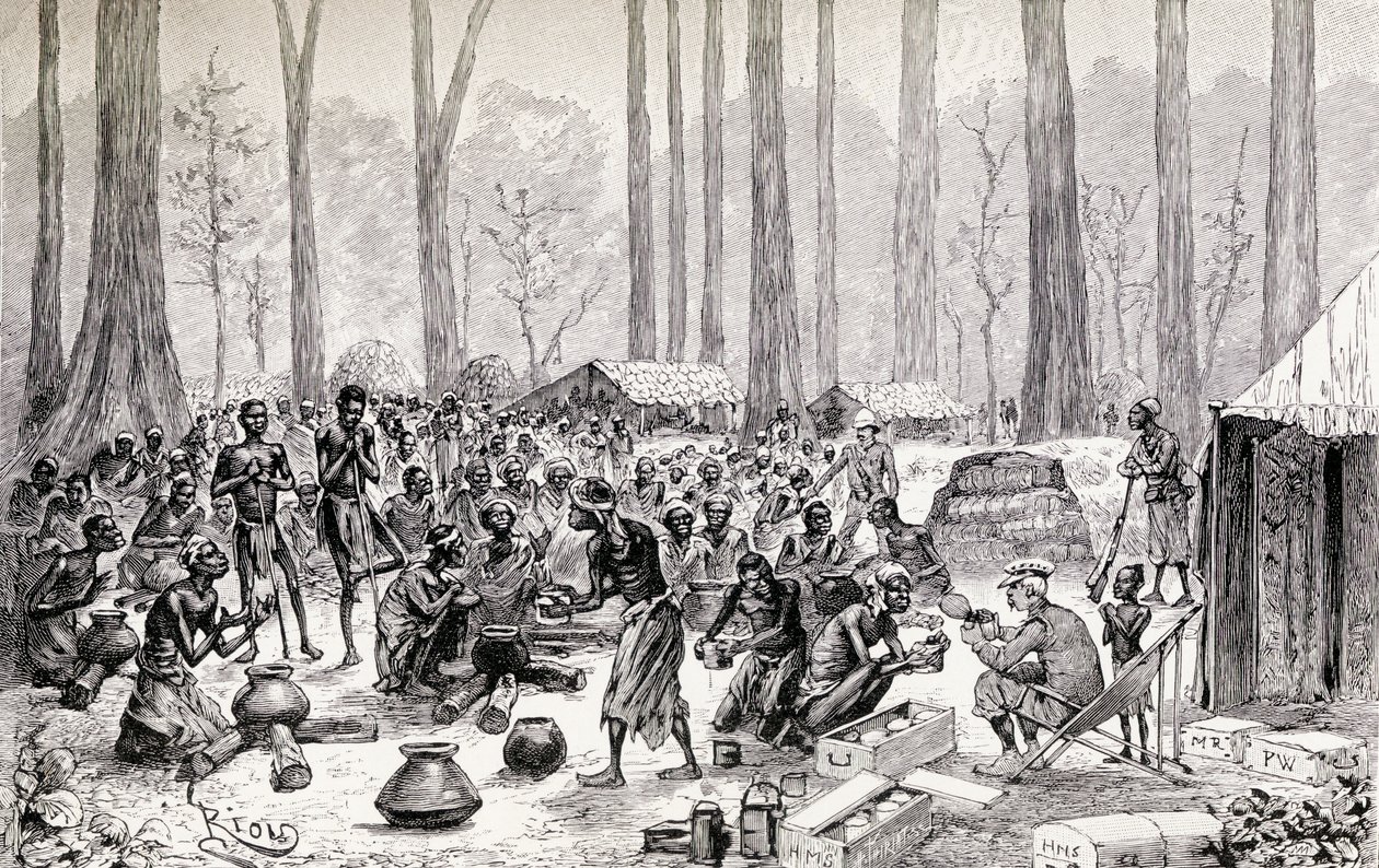 Partiolaiset tarjoilevat maitoa ja voita liemen nälkään näkeville pygmeille, 1890 (puukaiverrus) tekijältä Edouard Riou