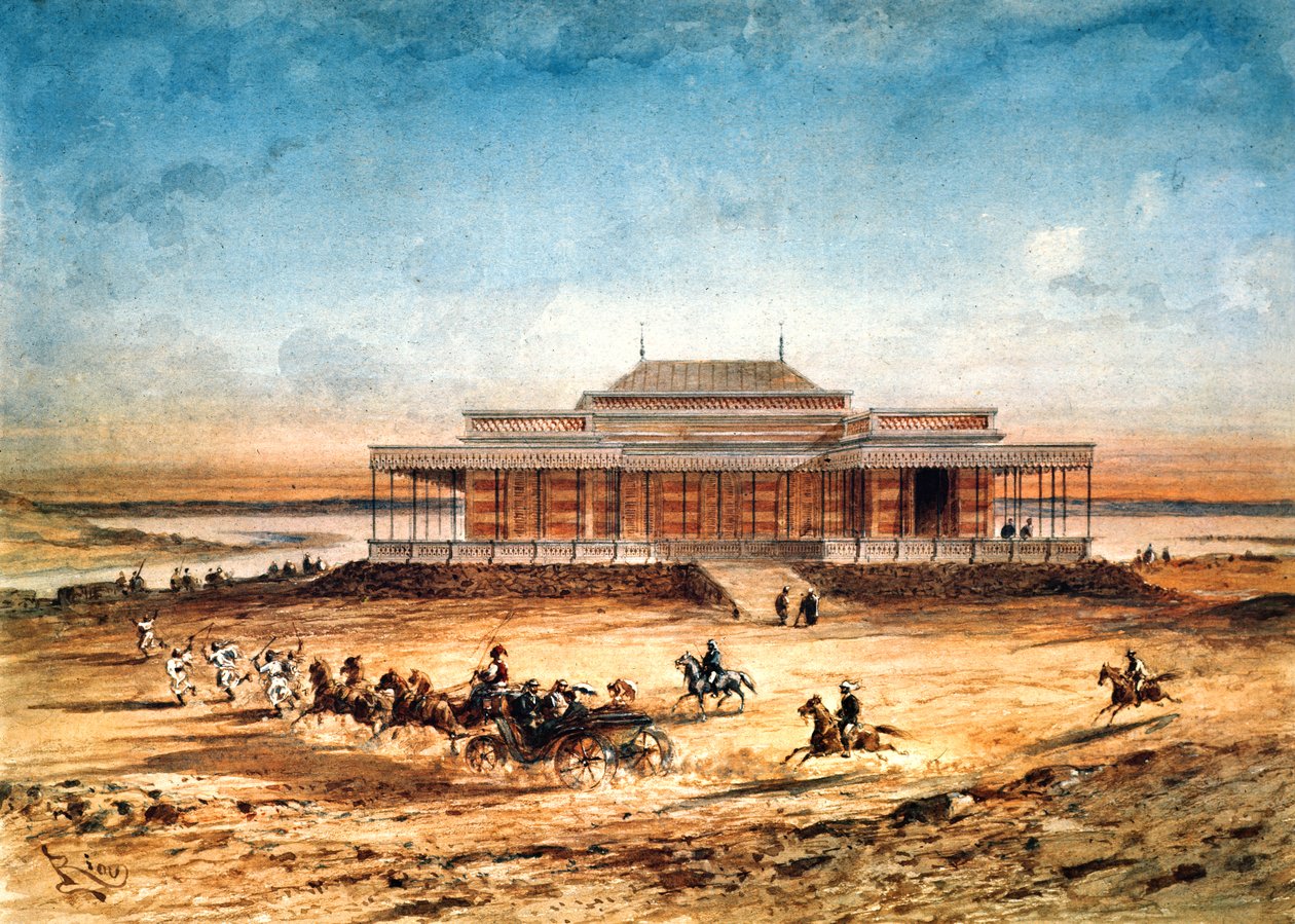 Keisarinna Eugenie matkustaa Suezin kanavan avajaisiin vuonna 1869, matkamuistoalbumista, 1869 tekijältä Edouard Riou