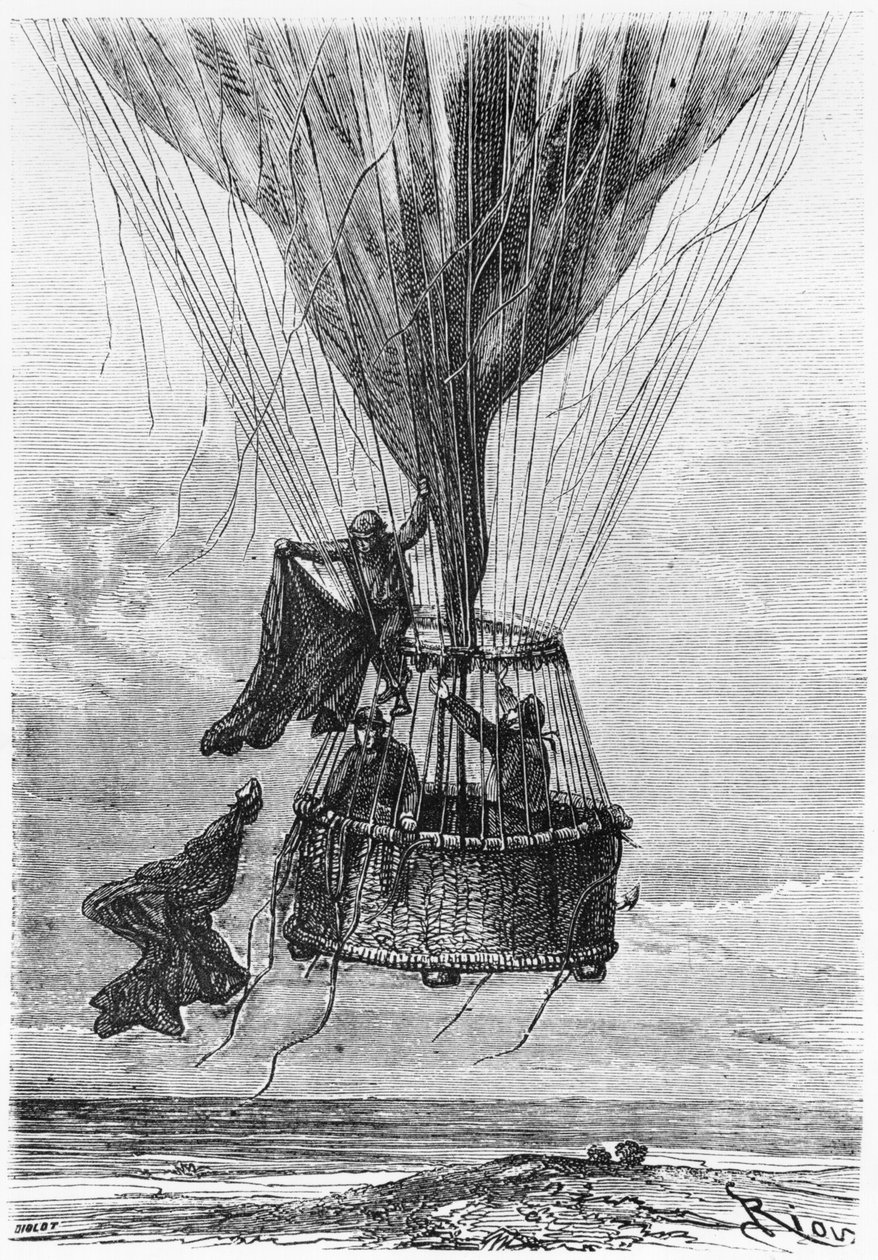 Kolme miestä gondolissa, kuvitus Jules Vernen (1828-1905) "Viisi viikkoa ilmapallossa" tekijältä Edouard Riou
