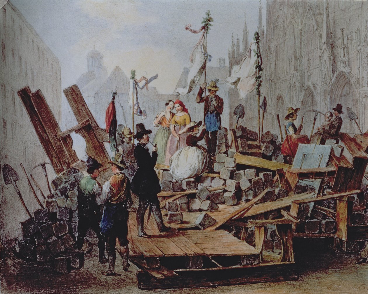 Barrikadit Stephansplatzilla, Wienissä, 1848 tekijältä Edouard Ritter