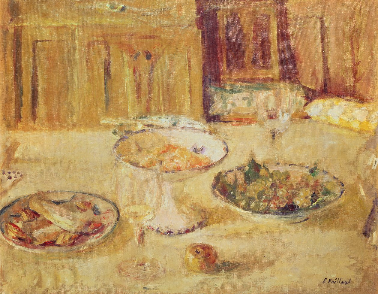 Kulhoja hedelmiä ja keksejä ja viinilasia tekijältä Edouard Vuillard