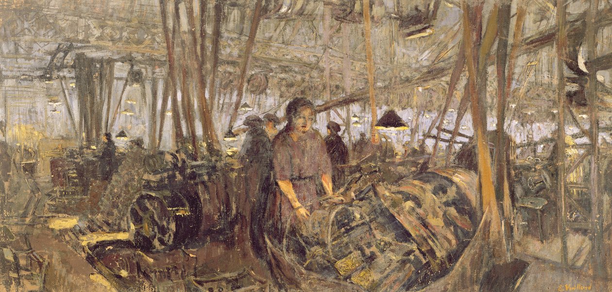 Sotatarviketehtaan sisustus: The Forge, 1916-17 (tempera kankaalle) tekijältä Edouard Vuillard