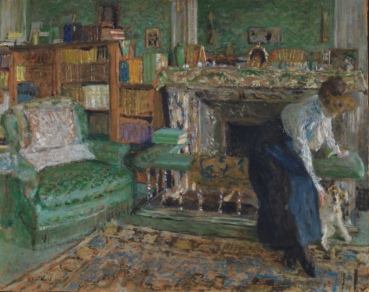 Marguerite Chapin asunnossaan koiransa kanssa, 1910 (öljy myllylaudalla) tekijältä Edouard Vuillard