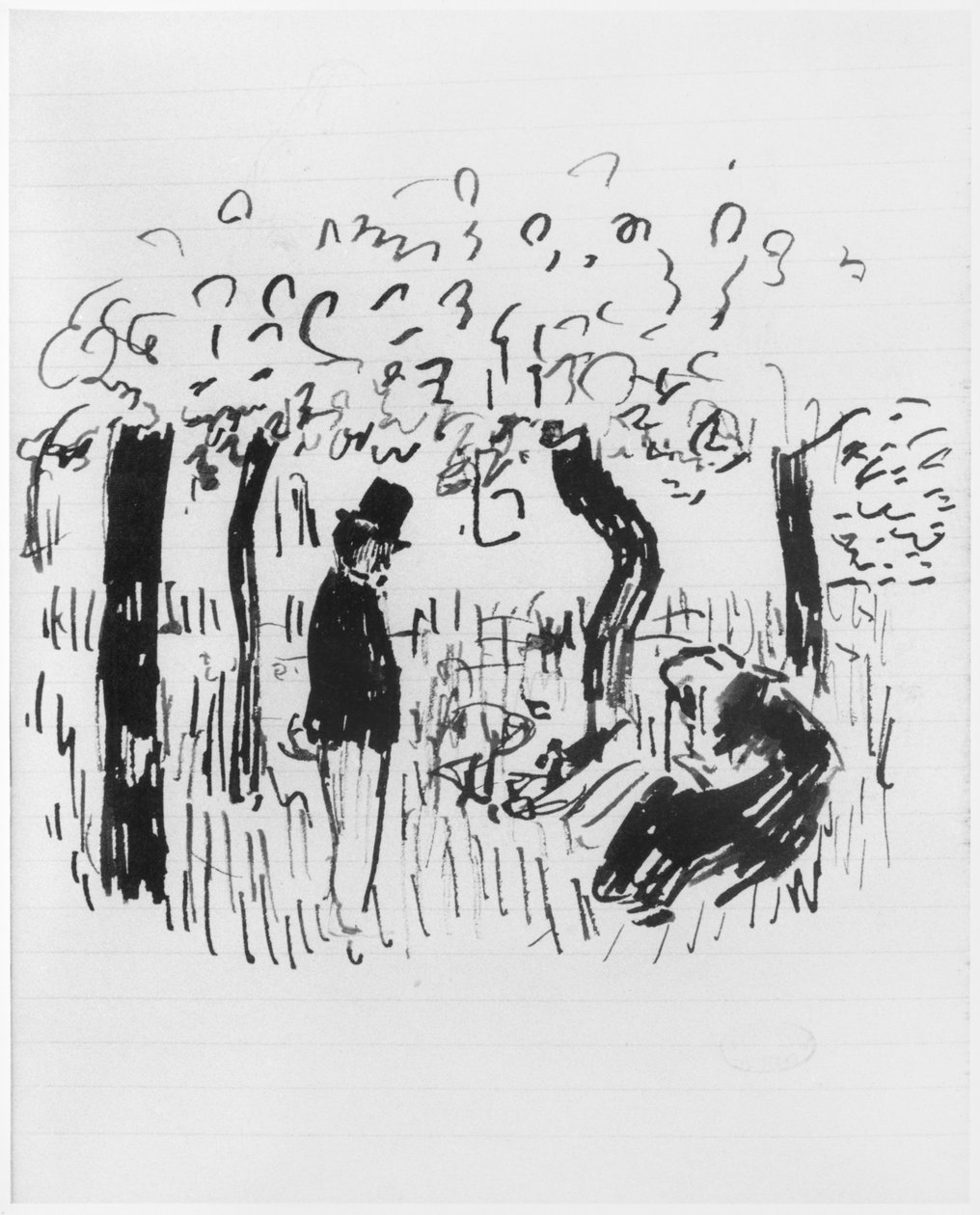 Sivu luonnoskirjasta, 1890-1940 (tussi ja muste viivoitetulle paperille) tekijältä Edouard Vuillard