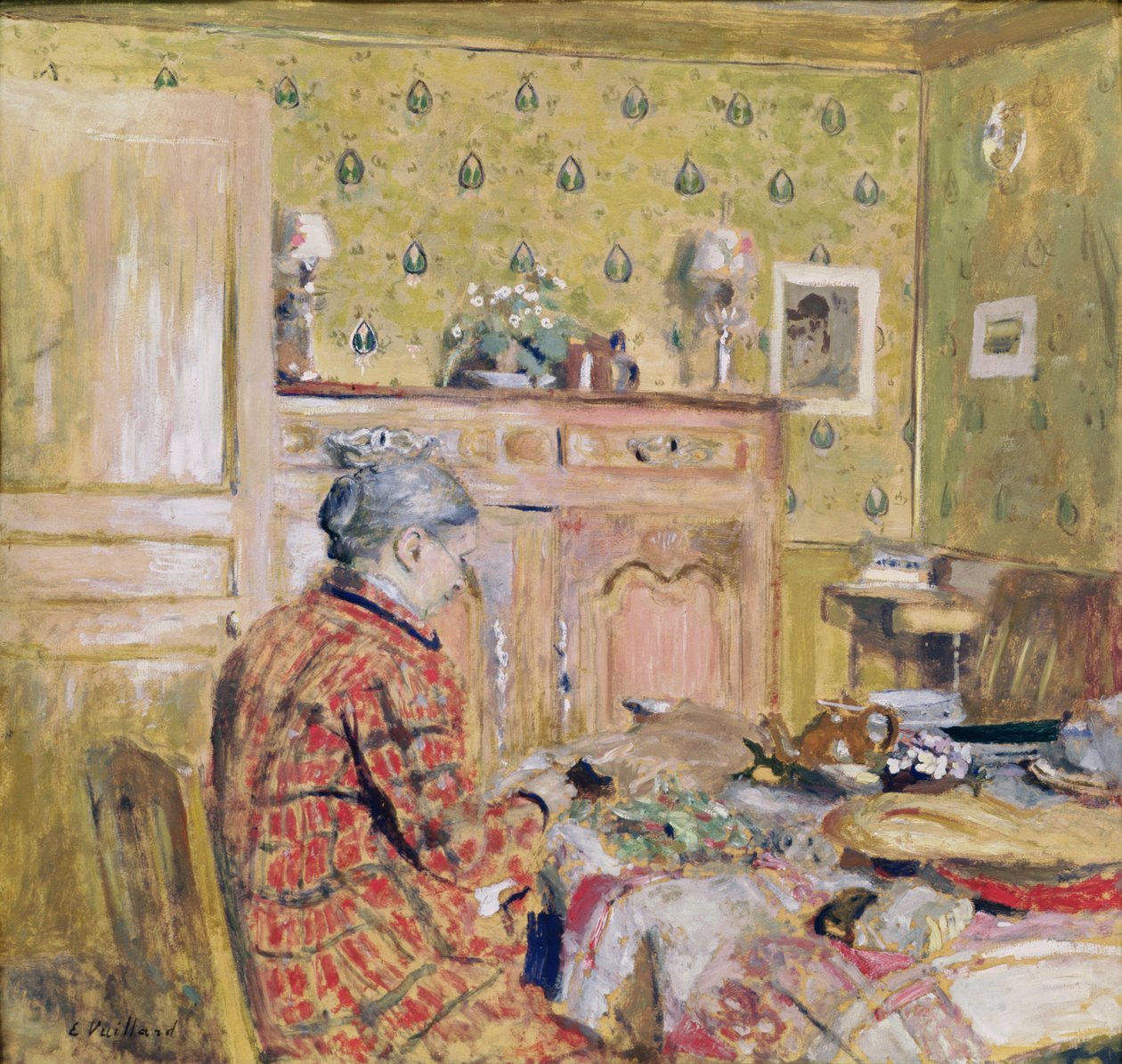 Taiteilijan äiti aamiaisella, 1899-1904 (öljy kortille) tekijältä Edouard Vuillard