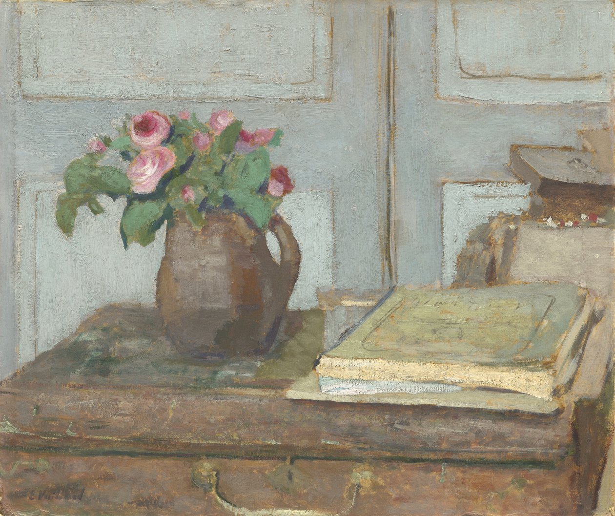Taiteilijan maalilaatikko ja sammalruusut, 1898 (öljy pahville) tekijältä Edouard Vuillard