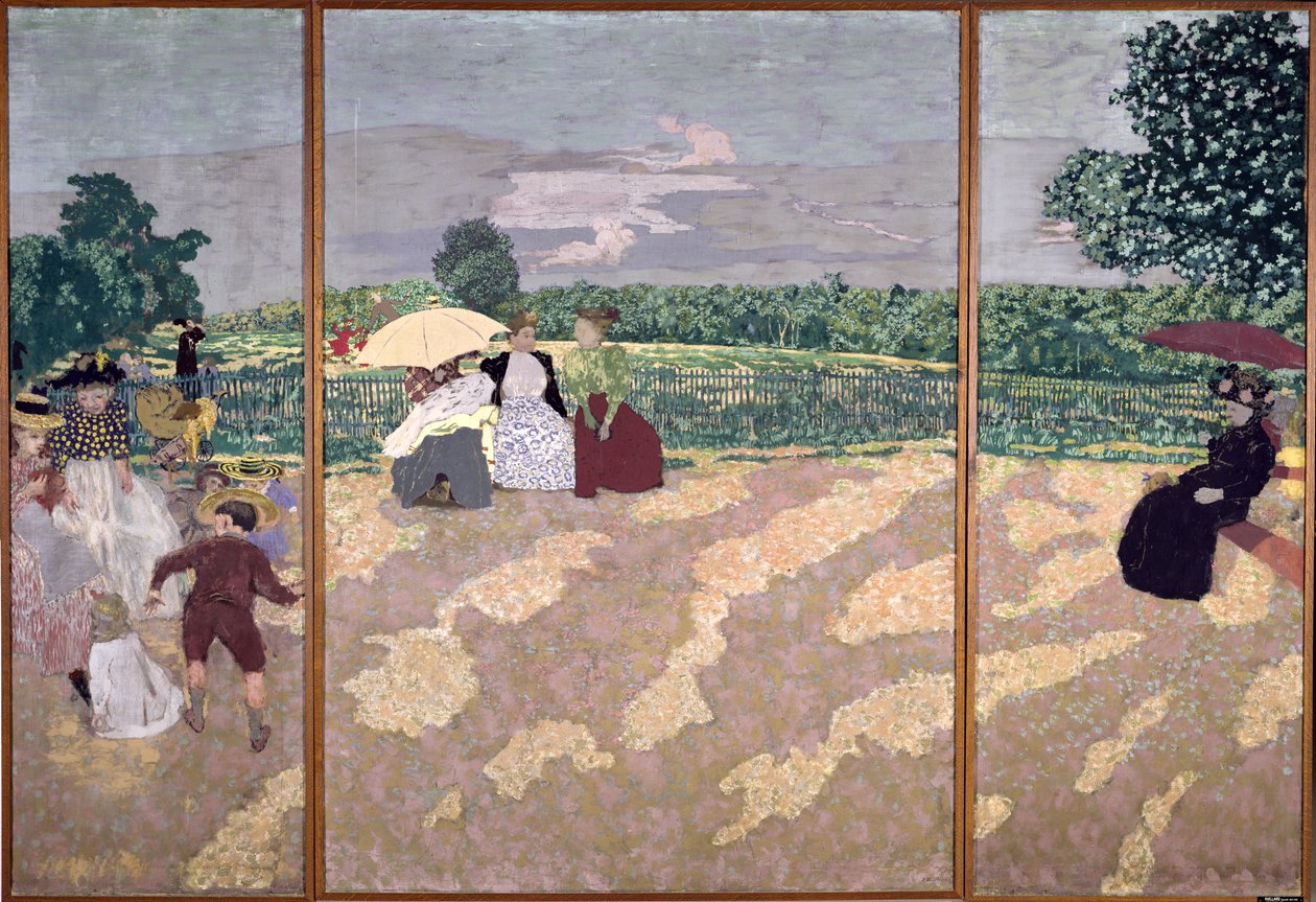 Julkiset puutarhat: Sairaanhoitajat, Keskustelu ja Punainen sateenvarjo, 1894 (tempera kankaalle). tekijältä Edouard Vuillard