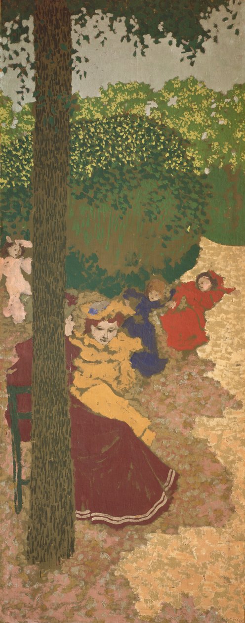 Julkinen puutarha: Nuoret tytöt leikkivät, 1894 (penikkatauti kankaalle) tekijältä Edouard Vuillard