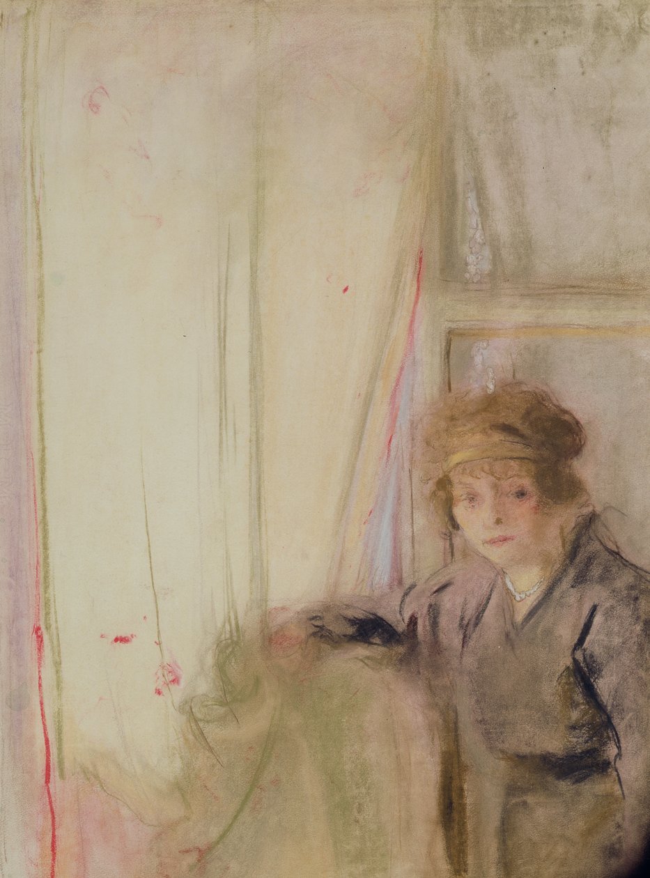 Nainen nojaa ikkunan ääressä (pastelli paperille) tekijältä Edouard Vuillard