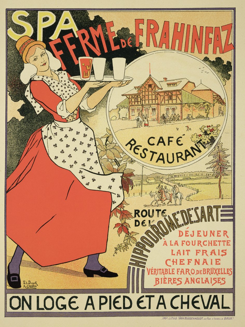 Juliste, joka mainostaa Ferme de Frahinfazia, kahvilaa ja ravintolaa lähellä Spaa, Belgia, 1896. tekijältä Adolphe Louis Charles Crespin