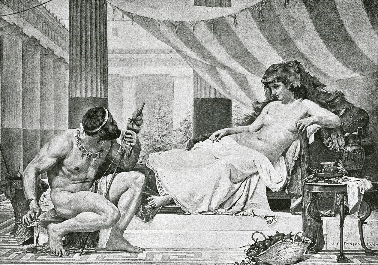 Hercules Omphalen jalkojen juurella (litografia) tekijältä Edouard-Joseph (after) Dantan