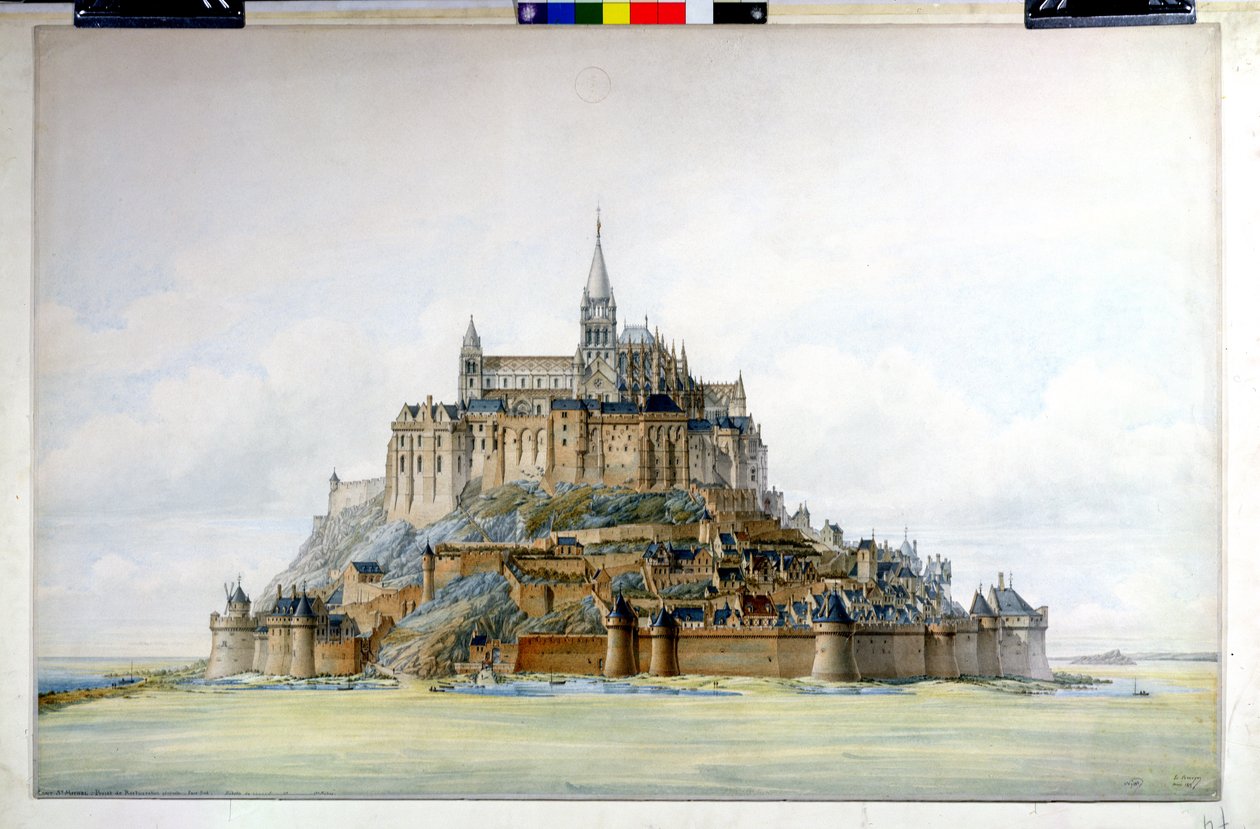Mont Saint-Michelin restaurointihanke (eteläpuoli), maaliskuu 1875 (wc paperille). tekijältä Edouard Jules Corroyer