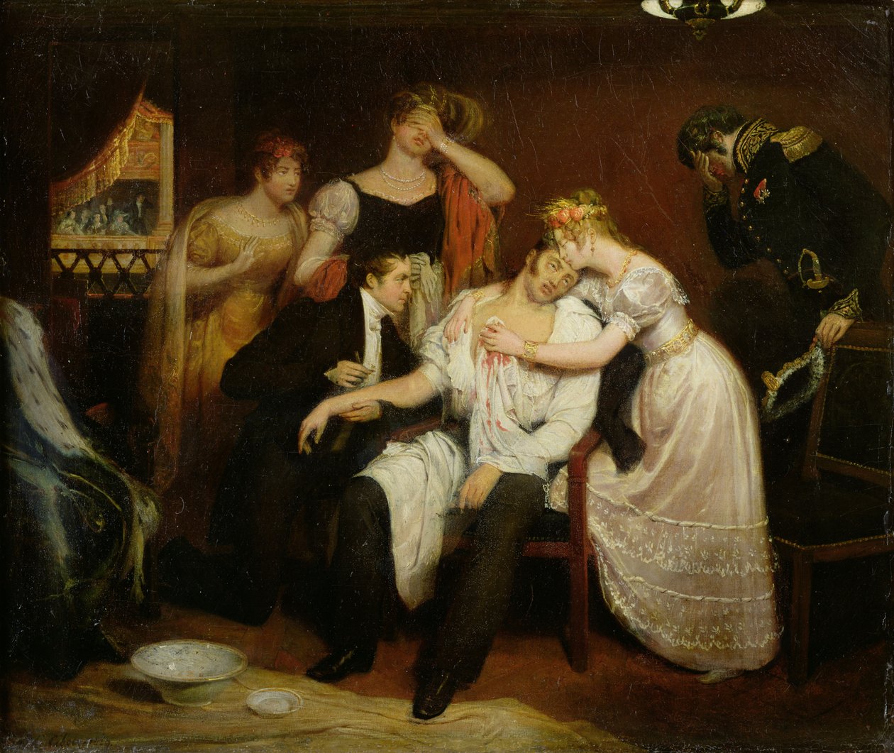 Charles-Ferdinand de France (1778-1820) laatikossaan oopperassa Rue de Richelieulla Louis Louvelin puukotuksen jälkeen tekijältä Edouard (1799 1877) Cibot