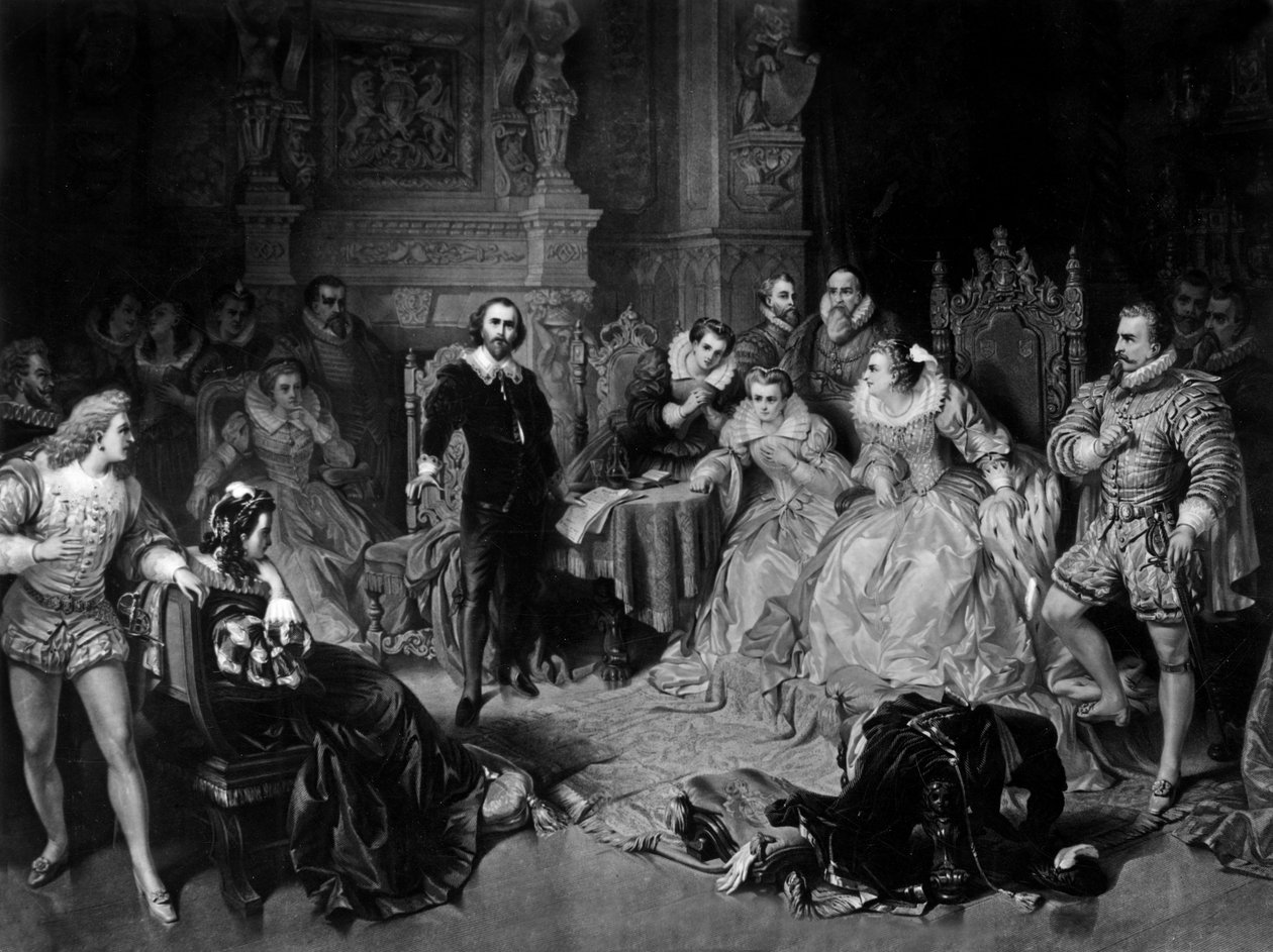 William Shakespeare (1564-1616) kuningatar Elizabeth I:n hovissa, kaiverrus Pierre Cottin, n. 1864 (mezzotint) tekijältä Edouard (after) Ender