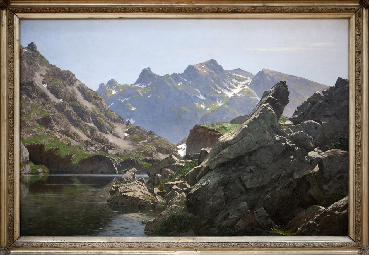 Merlat-järvi, Edouard Brunin (1860-1935) öljymaalaus vuonna 1901, järvi sijaitsee Belledonnen ketjussa Iseressä. Photophraphie, KIM Youngtae, Grenoble, Musee de Grenoble. tekijältä Edouard Brun