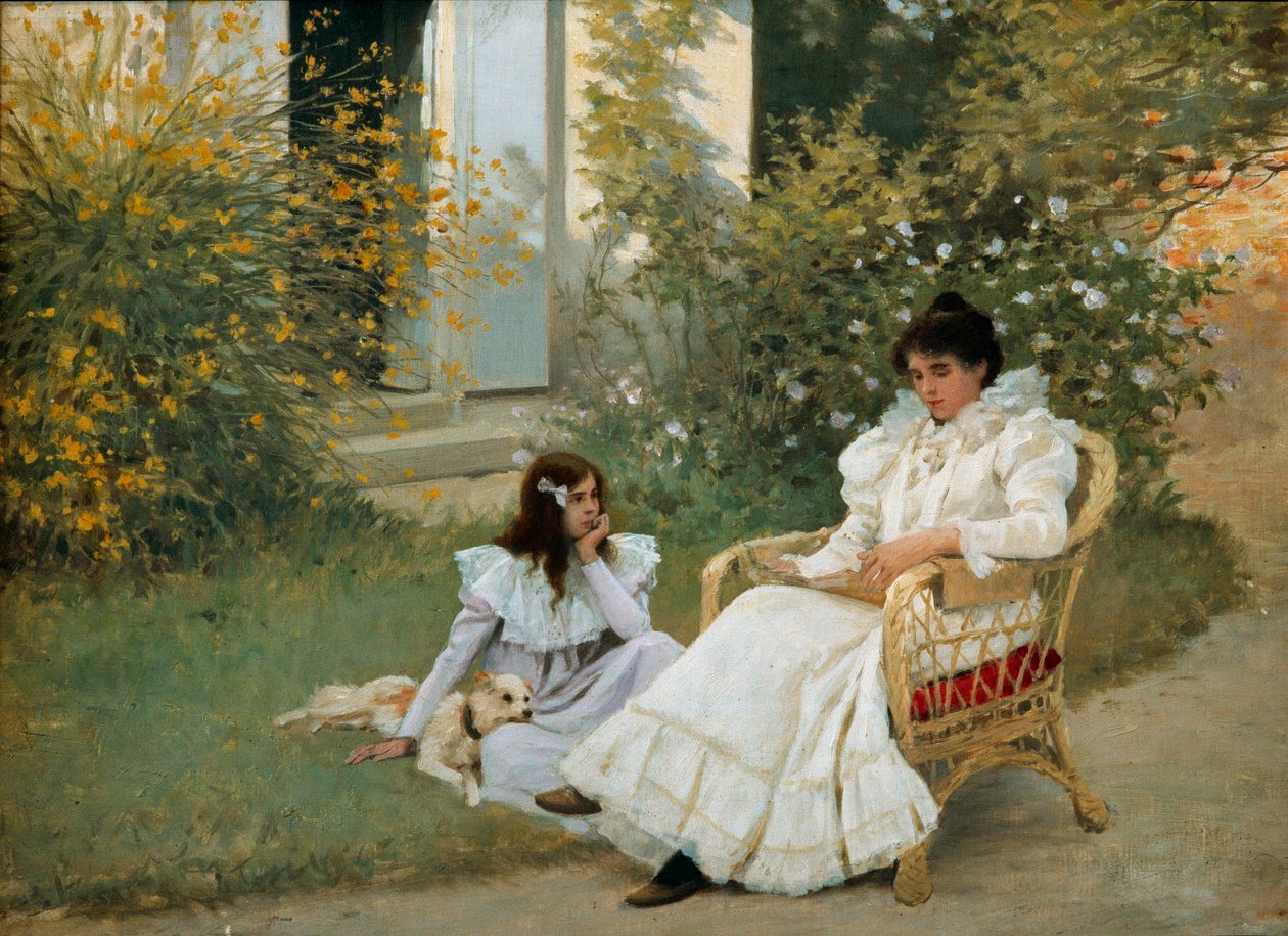 Äiti ja tytär Bretonin puutarhassa Edouard Debat Ponsanin (1847-1913) maalaus 1898 Tours, Museum of Fine Arts tekijältä Edouard Debat Ponsan