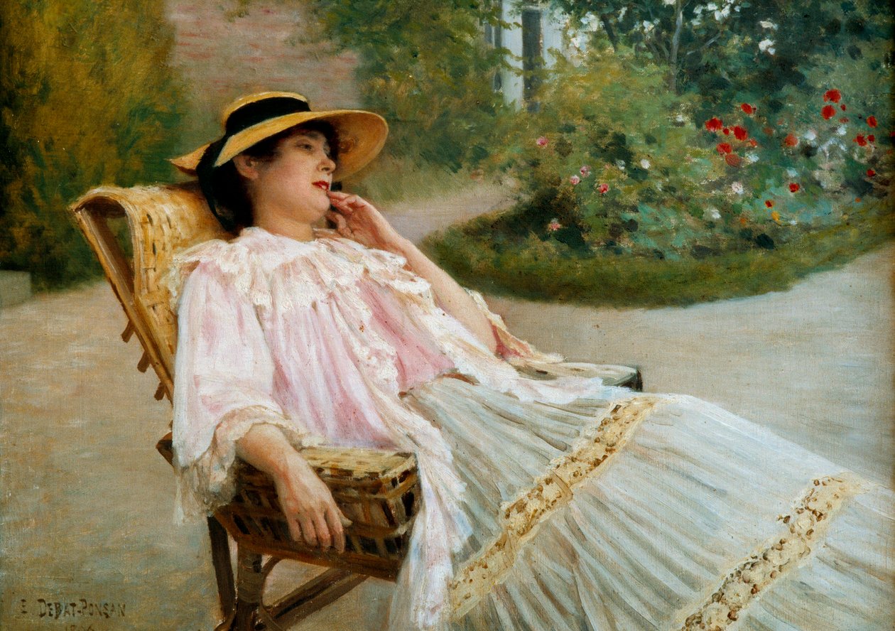 Päiväunet Madame Edouard Debat Ponson terassilla. Edouard Debat Ponsanin (1847-1913) maalaus tekijältä Edouard Debat Ponsan
