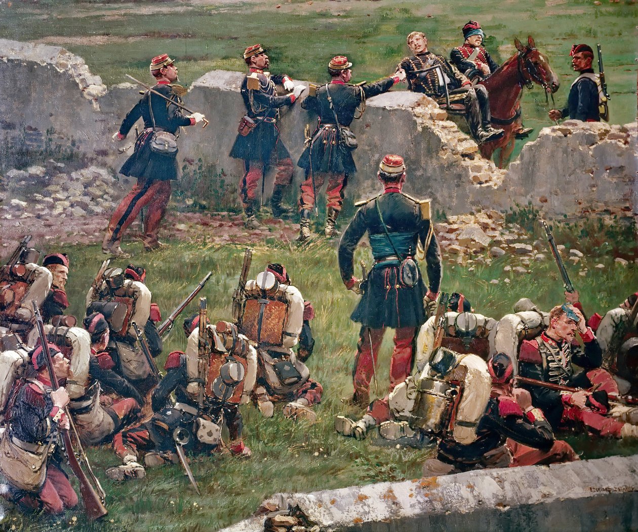Rezonville Gravelotten taistelun ilta. Keisarillisen kaartin kranadiers levossa, 16. elokuuta tekijältä Jean Baptiste Edouard Detaille