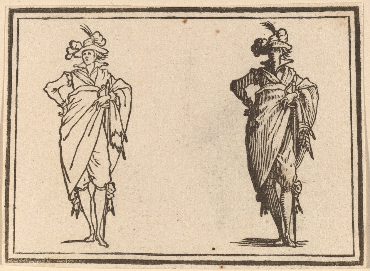 Gentleman edestä katsottuna käsi lantiolla tekijältä Edouard Eckman after Jacques Callot