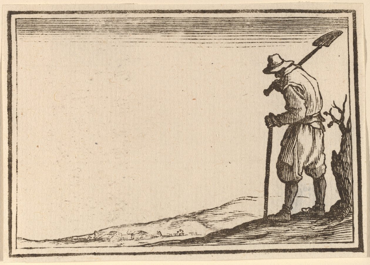 Talonpoika lapio olkapäällään tekijältä Edouard Eckman after Jacques Callot