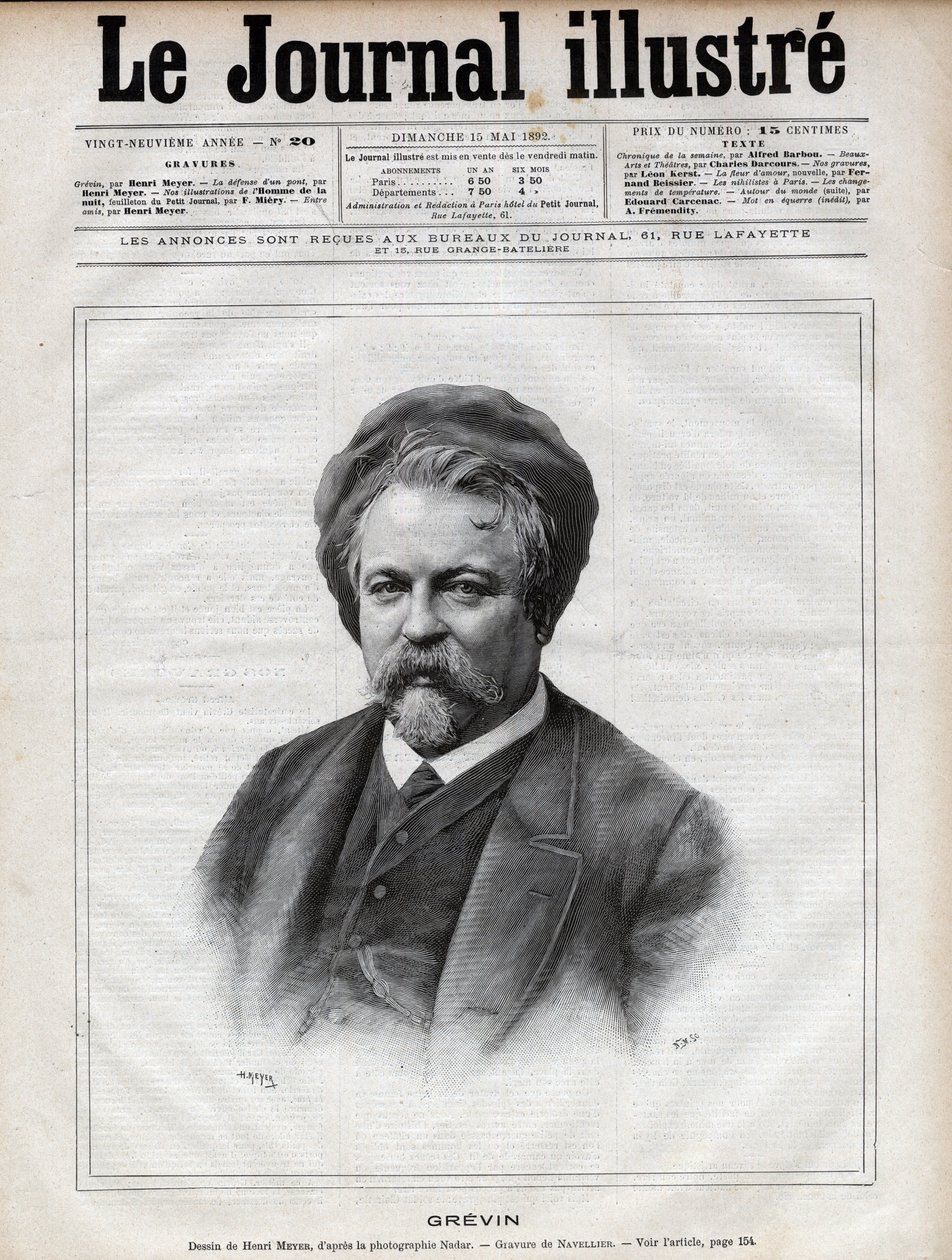 Alfred Grevin (1827-1892) kuvanveistäjä, sarjakuvapiirtäjä, sarjakuvapiirtäjä, sarjakuvapiirtäjä ja ranskalaisten teatteripukujen suunnittelija - Navellierin kaiverrus Nadarin valokuvan jälkeen "The Illustrous Journal" -lehdessä vuonna 1892 tekijältä Edouard Felicien Eugene Navellier