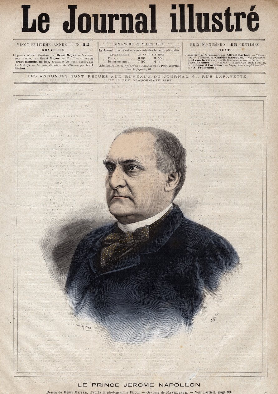 Jerome Bonaparte dit Plon (Plonplon) (1822-1891) (Napoleon-Jerome Bonaparte tai prinssi Jerome Napoleon), Jerome Bonaparten (1784-1860) poika - Navellierin kaiverrus "The Illustrous Journal" -lehdessä 1891 tekijältä Edouard Felicien Eugene Navellier