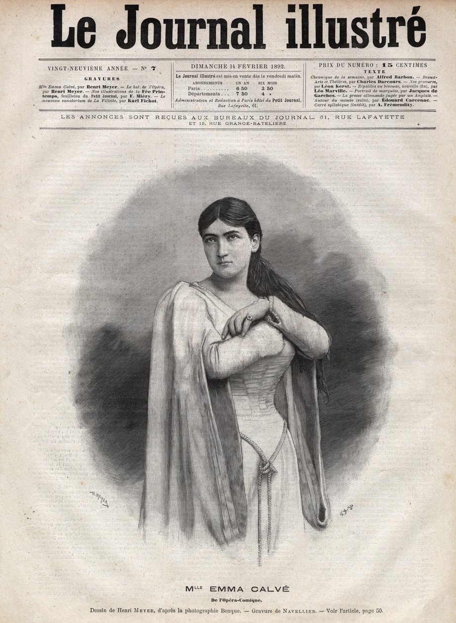 Muotokuva Emma Calvesta (Rosa Noemie Emma Calvet de Roquet, toim.) (1858-1942), ranskalainen sopraano - Navellierin kaiverrus "The Illustrous Journal" -lehdessä 1892 tekijältä Edouard Felicien Eugene Navellier