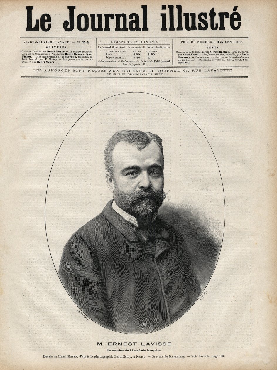 Ernest Lavissen (1842-1922), ranskalaisen historioitsijan ja akateemikon muotokuva - Navellierin kaiverrus "Le journal illustrious" -julkaisussa 1892 tekijältä Edouard Felicien Eugene Navellier