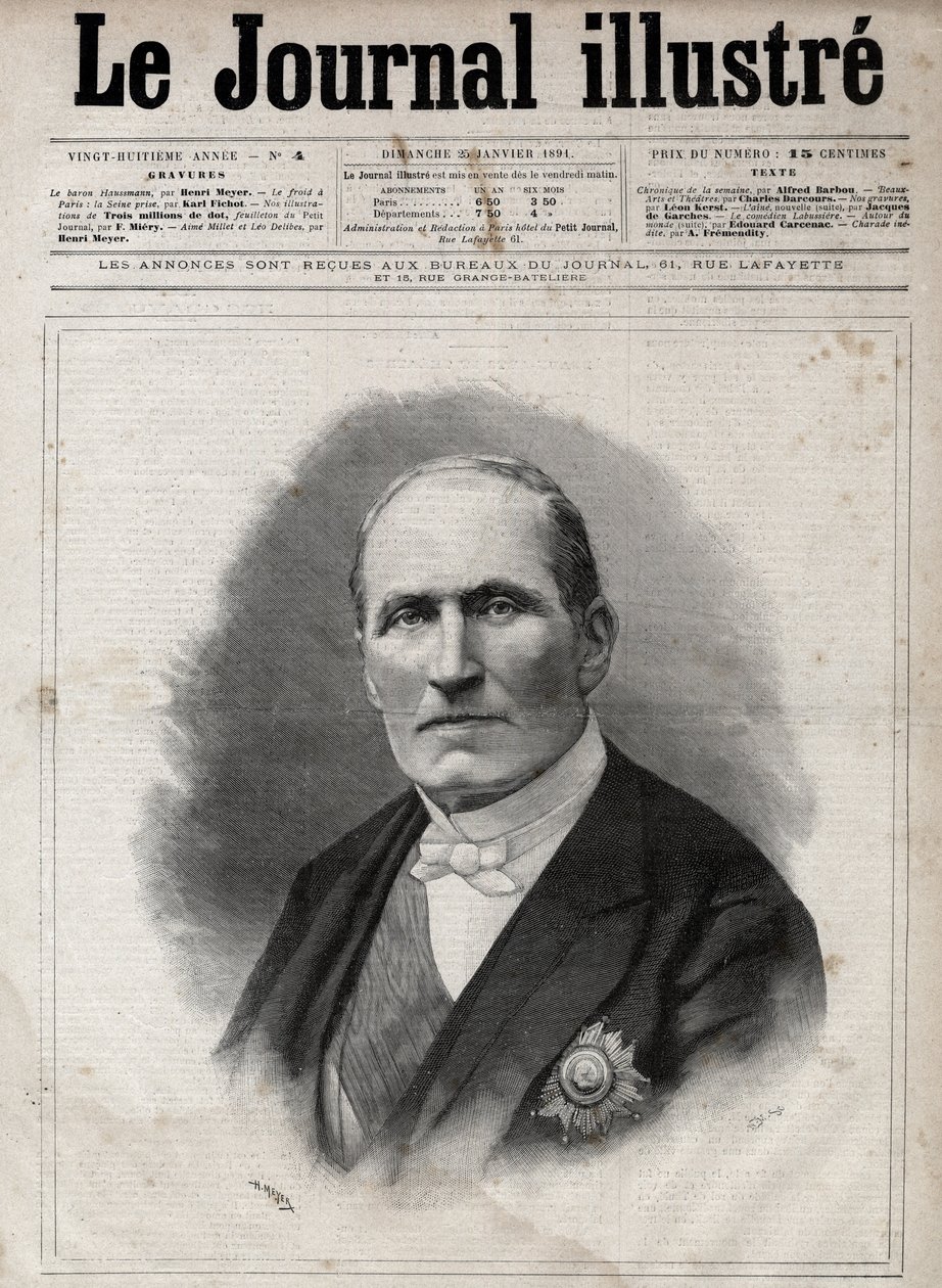 Muotokuva Georges Eugene Haussmannista, jota kutsuttiin paroni Haussmanniksi (1809-1891) Seinen prefetiksi toisen imperiumin aikana - Navellierin kaiverrus "Kunokkaiseen päiväkirjaan" vuonna 1891 tekijältä Edouard Felicien Eugene Navellier