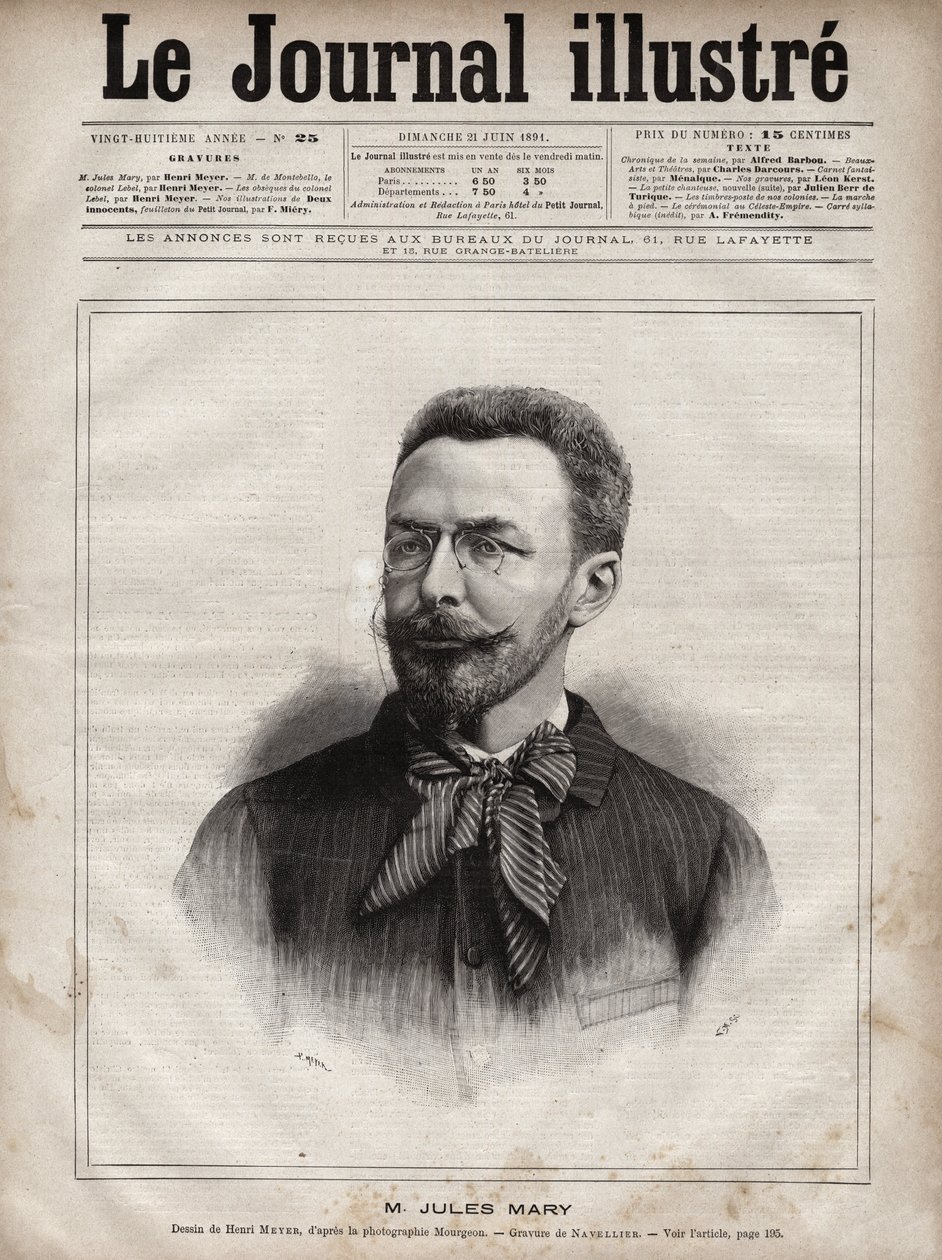 Jules Maryn (1851-1922), ranskalaisen kirjailijan muotokuva - Navellierin kaiverrus "The Illustrous Journal" -julkaisussa 1891 tekijältä Edouard Felicien Eugene Navellier