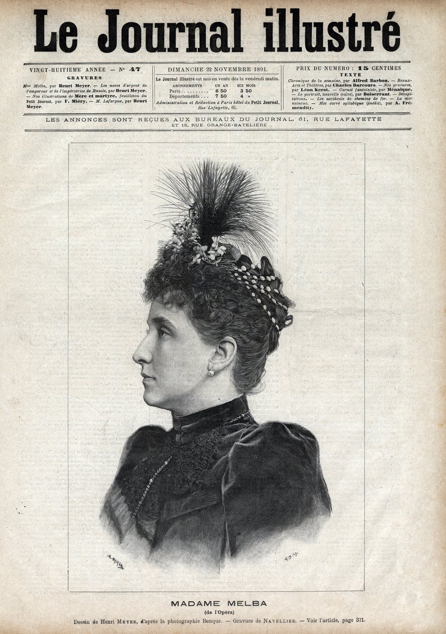 Muotokuva Nellie Melbasta (Helen Porter Mitchell, toim.) (1861-1931), australialainen sopraano - Navellierin kaiverrus The Illustrous Journal -julkaisussa 1891 tekijältä Edouard Felicien Eugene Navellier